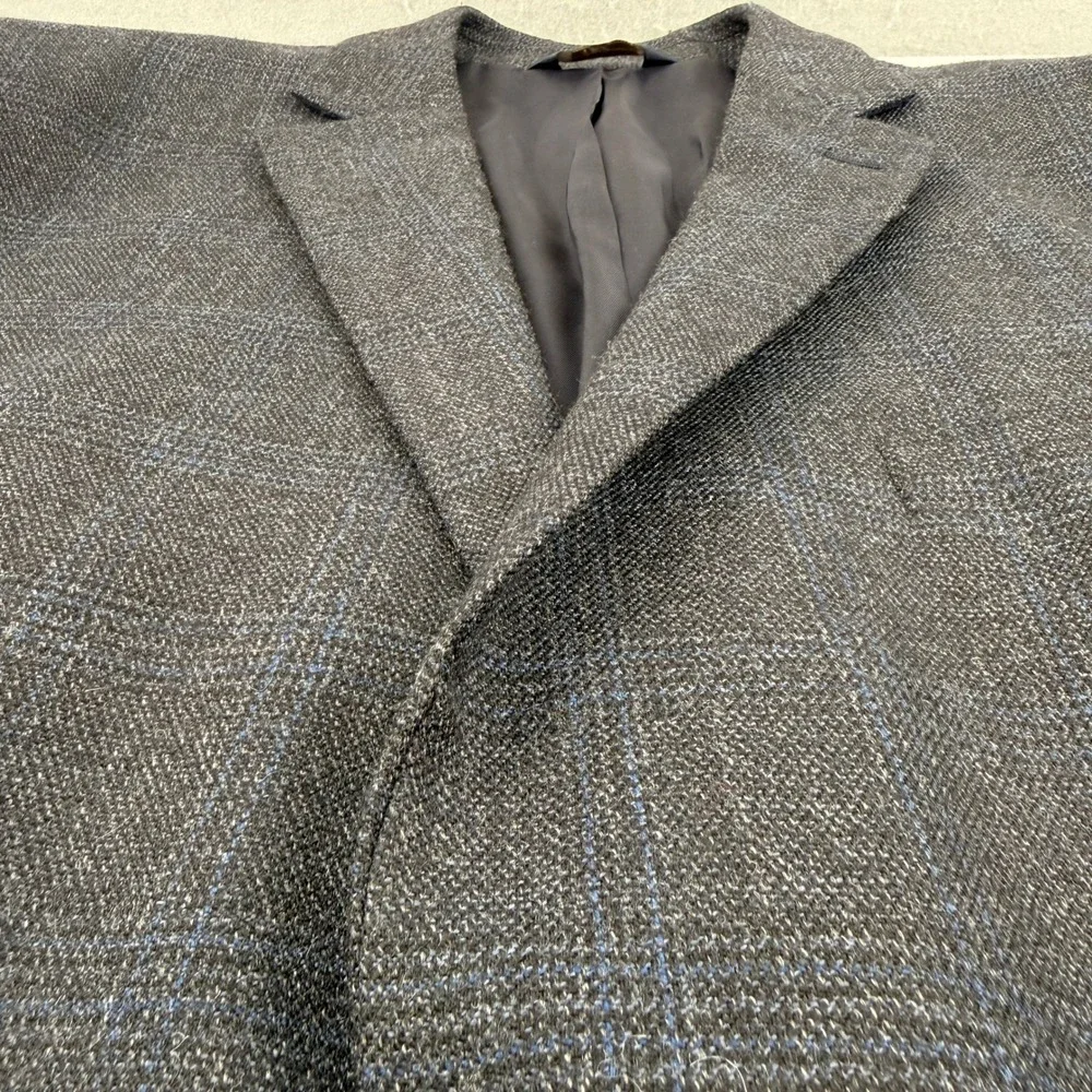 Joseph & Feiss Gold Mens 46R Blazer Jacket 100% Wool Gray Blue Plaid‎ 2-Button